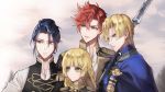  1girl 3boys black_hair blonde_hair blue_cape blue_eyes brown_eyes cape closed_mouth dimitri_alexandre_blaiddyd felix_hugo_fraldarius fire_emblem fire_emblem:_three_houses garreg_mach_monastery_uniform green_eyes highres ingrid_brandl_galatea long_hair multiple_boys open_mouth parted_lips pmpmcl polearm red_hair short_hair sylvain_jose_gautier uniform upper_body weapon 