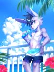  absurd_res anthro athletic athletic_anthro athletic_male blush bodily_fluids clothed clothing hi_res lagomorph leporid male mammal manadezimon rabbit solo sweat swimming_trunks swimwear teenager topless v-cut water_bottle young 