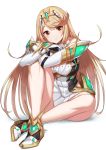  1girl bangs bare_legs blonde_hair breasts chest_jewel dress earrings elbow_gloves eyebrows_visible_through_hair full_body gloves green322 highres jewelry large_breasts long_hair looking_at_viewer mythra_(xenoblade) short_dress simple_background sitting solo swept_bangs tiara very_long_hair white_background white_dress white_footwear white_gloves xenoblade_chronicles_(series) xenoblade_chronicles_2 yellow_eyes 