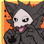  &lt;3 ambiguous_gender anthro black_body black_fur black_pawpads canid canine canis changed_(video_game) cheek_tuft chest_tuft facial_tuft fangs finger_claws fur hi_res inner_ear_fluff looking_at_viewer mammal mask open_mouth orange_background pawpads puro_(changed) simple_background skull_mask solo tongue toshabi tuft wolf yellow_background 