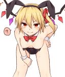  1girl ? animal_ears bangs bare_shoulders black_hairband black_leotard bow bowtie breasts bunny_ears bunnysuit commentary_request detached_collar eyebrows_visible_through_hair fake_animal_ears flandre_scarlet hair_between_eyes hair_ribbon hairband hand_on_hip highres leaning_forward legs_apart leotard looking_at_viewer miyo_(ranthath) nipples red_bow red_eyes red_neckwear ribbon side_ponytail simple_background small_breasts smile solo spoken_question_mark sweat touhou wardrobe_malfunction white_background wings wrist_cuffs 