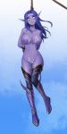  1:2 asphyxiation bare_shoulders big_breasts blizzard_entertainment blue_background blue_hair blush bodily_fluids boots breasts clothed clothing cum cum_on_breasts cum_on_pussy cum_on_stomach dark_elf death dying elf empty_eyes exp female footwear genital_fluids genitals gore gradient_background hair hands_behind_back hanged humanoid humanoid_pointy_ears imminent_death long_boots long_hair mostly_nude navel nipples purple_body purple_nipples pussy restrained rope saliva simple_background snuff solo tears topless video_games warcraft 