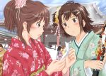  2girls amagami blush brown_eyes brown_hair commentary_request flower furisode green_kimono hair_flower hair_ornament itou_kanae_(amagami) japanese_clothes keisuke_(0320030103200301) kimono multiple_girls new_year red_kimono sakurai_rihoko short_hair short_ponytail short_sidetail sweatdrop 