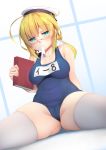  1girl blonde_hair blue_eyes blue_swimsuit book breasts cameltoe covered_navel glasses hat holding holding_book i-8_(kantai_collection) kantai_collection large_breasts low_twintails mouth_hold name_tag ne_an_ito one-piece_swimsuit red-framed_eyewear sailor_hat school_swimsuit semi-rimless_eyewear sitting solo spread_legs swimsuit thighhighs twintails under-rim_eyewear white_headwear white_legwear 