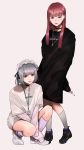  2girls absurdres bangs black_eyes bob_cut brown_eyes choker cigarette ear_piercing grey_hair highres holding holding_cigarette jewelry lanyard long_hair looking_at_viewer mano_aaa multiple_girls necklace original piercing red_hair squatting standing tamagotchi 