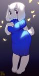  2020 4_toes anthro aruurara big_breasts boss_monster bovid breasts caprine clothed clothing dress female floppy_ears fur hi_res horn jewelry long_ears mammal mature_female necklace purple_eyes signature solo standing toes toriel undertale video_games white_body white_fur 