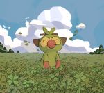  cindy_(pigeoncindy_) closed_eyes closed_mouth cloud clover clover_(flower) commentary day english_commentary flower four-leaf_clover gen_8_pokemon grookey highres leaf leaves_in_wind no_humans outdoors pokemon pokemon_(creature) sky smile standing starter_pokemon 