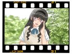  1girl amagami bespectacled black_hair blush commentary_request dress facing_viewer glasses grey_eyes keisuke_(0320030103200301) kibito_high_school_uniform looking_at_viewer morishima_haruka open_mouth red-framed_eyewear school_uniform short_sleeves smile solo sweater sweater_dress 