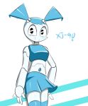  2017 4_fingers android blue_hair blush bottomwear character_name clothing female fingers hair jenny_wakeman looking_at_viewer machine my_life_as_a_teenage_robot nickelodeon not_furry pigtails robot sana!rpg simple_background skirt smile solo white_background white_body 