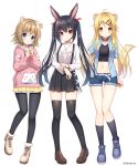  3girls :o ahoge animal_ears bangs black_hair black_legwear black_shirt black_skirt blonde_hair blue_footwear blue_jacket blue_shorts blush boots brown_eyes brown_footwear brown_hair bunny_ears closed_mouth commentary_request crop_top cutoffs eyebrows_visible_through_hair ferret_ears ferret_tail full_body fur-trimmed_boots fur_trim hair_between_eyes hair_ornament hair_ribbon hairclip hamster_ears hand_on_hip hood hood_down hoodie jacket kneehighs loafers long_sleeves mauve multiple_girls navel open_clothes open_jacket original pantyhose parted_lips pink_hoodie pleated_skirt red_eyes red_ribbon ribbon shirt shoes short_shorts short_sleeves shorts simple_background skirt smile standing suspender_skirt suspenders tail_raised thighhighs twintails vertical-striped_jacket white_background white_shirt yellow_skirt 