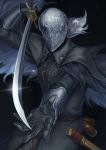  1boy bell belt bloodborne bloody_crow_of_cainhurst cape collar gloves helmet katana kizdollark sheath sword weapon white_hair 