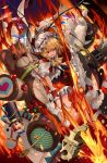  1girl argyle ascot bandages blonde_hair broken commentary_request fang fire flaming_sword flaming_weapon flandre_scarlet hat heart highres key laevatein mob_cap neko_(yanshoujie) open_mouth red_eyes short_sleeves spade_(shape) stuffed_animal stuffed_toy teddy_bear touhou toy toy_horse toy_soldier white_headwear wings wrist_cuffs yellow_neckwear 