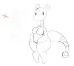  ampharos anthro anthrofied bit-small black_and_white blush breasts collarbone featureless_breasts featureless_feet featureless_hands female glistening glistening_body guide_lines hands_on_belly long_neck mammal monochrome navel nintendo pok&eacute;mon pok&eacute;mon_(species) short_stack simple_background sketch slightly_chubby solo striped_body striped_ears striped_neck striped_tail stripes video_games white_background 