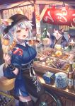  1girl absurdres animal_ears bandana beer_mug black_legwear blue_kimono bottle breasts cat cat_ears cat_girl cat_tail chopsticks cup food food_stand hair_ornament hairpin highres japanese_clothes kimono ladle large_breasts light_bulb looking_at_viewer mug noren oden original plate ponytail pot red_eyes silver_hair solo_focus tail thighhighs tire yatai yukata zoff_(daria) 