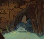  blue_eyes cindy_(pigeoncindy_) commentary gen_8_pokemon highres leaf lily_pad lizard no_humans parted_lips partially_submerged pokemon pokemon_(creature) reeds shade sobble starter_pokemon water 