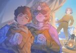  aeug amuro_ray belt blanket blonde_hair blue_eyes blue_hair brown_hair caught char_aznable closed_eyes cold commentary cup gloves gundam hand_on_another's_shoulder highres holding holding_cup jacket jealous kamille_bidan leaning_on_person long_sleeves male_focus medium_hair military_uniform mount_kilimanjaro multiple_boys oil_lamp open_mouth parody porkpie68701999 quattro_bajeena scene_reference short_hair snow sunglasses surprised table untranslatable_commentary yaoi zeta_gundam 