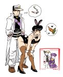  2boys animal_ears belt bent_over blush carrot cigarette coat crossdressing crossdressing_(mtf) diamond_wa_kudakenai girly_boy hat heart higashikata_josuke high_heels highres incest jojo_no_kimyou_na_bouken kujo_jotaro leotard male_focus male_playboy_bunny multiple_boys muscular muscular_male one_eye_closed pants pompadour rabbit_boy rabbit_ears rabbit_tail rimmybone smile speech_bubble spoken_object standing tail thought_bubble tongue tongue_out uncle_and_nephew yaoi 