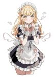 1girl :< absurdres alternate_costume apron black_dress black_ribbon blonde_hair blush bow bowtie breasts cleavage clenched_hands closed_mouth collar commentary cropped_legs detached_collar drawn_wings dress frilled_apron frilled_dress frilled_wrist_cuffs frills fujita_kotone gakuen_idolmaster hair_intakes hair_ribbon heart highres idolmaster long_hair looking_at_viewer maid maid_headdress pearl_hair_ornament red_bow red_bowtie ribbon ribbon-trimmed_apron ribbon_trim rudee62421 simple_background solo white_apron white_background white_collar white_wrist_cuffs wrist_cuffs yellow_eyes 