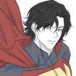  1boy absolute_dc absolute_superman black_hair blue_eyes cape closed_mouth commentary dc_comics english_commentary highres looking_at_viewer male_focus parted_hair red_cape sieudeptrai08 simple_background solo superhero_costume superman superman_(absolute_dc) superman_(series) superman_logo white_background 