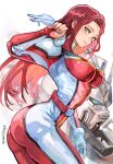  1girl 2026 ass bad_anatomy breasts christina_mackenzie commentary dated earth_federation_space_forces gloves green_eyes gundam gundam_0080 gundam_alex highres long_hair looking_at_viewer mecha mecha_pilot_suit mobile_suit normal_suit_(gundam) okrdisk2000 red_hair robot signature simple_background smile solo twisted_torso white_gloves 