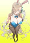  1girl absurdly_long_hair absurdres animal_ears arm_up asuna_(blue_archive) asuna_(bunny)_(blue_archive) blonde_hair blue_archive blue_bow blue_bowtie blue_eyes blue_leotard bow bowtie breasts chinese_commentary cleavage commentary_request detached_collar fake_animal_ears from_above full_body gloves grin hair_over_one_eye hair_spread_out highleg highleg_leotard highres huli_luantu large_breasts leotard long_hair looking_at_viewer missing_halo mole mole_on_breast official_alternate_costume pantyhose playboy_bunny rabbit_ears smile solo strapless strapless_leotard thighband_pantyhose traditional_bowtie very_long_hair white_gloves yellow_background 