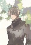  1boy aqua_eyes black_jacket chinese_commentary closed_mouth commentary_request floral_background gojou_satoru hair_between_eyes high_collar highres jacket jujutsu_kaisen jujutsu_tech_uniform male_focus smile spiked_hair tagme upper_body watermark weibo_watermark white_hair zhishuo418 
