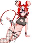  1girl absurdres animal_ears asymmetrical_clothes bare_shoulders black_hair black_shirt blue_eyes blush breasts cleavage commentary cropped_shirt darpi_art earrings english_commentary fishnet_thighhighs fishnets grey_hair hakos_baelz hakos_baelz_(recolor) highres hololive hololive_english jewelry medium_breasts mouse_ears mouse_girl mouse_tail multicolored_hair parted_lips red_hair red_tail sharp_teeth shirt simple_background smile solo streaked_hair tail teeth thighhighs virtual_youtuber white_background 