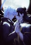  2boys black_jacket black_robe blue_eyes closed_mouth earrings full_moon getou_suguru gojou_satoru grey_eyes hair_between_eyes hair_bun half_updo jacket jewelry jujutsu_kaisen jujutsu_tech_uniform long_hair long_sleeves looking_at_another male_focus moon multiple_boys palms_together plug_(piercing) robe short_hair upper_body wide_sleeves yaoi zhyphenth 