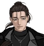  1boy black_coat black_gloves black_hair black_shirt brown_eyes chi.:_chikyuu_no_undou_ni_tsuite coat commentary_request contemporary ear_chain earrings floating_hair gloves grey_shirt jewelry linked_piercing male_focus necklace nomunomuwotaku oczy open_clothes open_coat piercing ponytail portrait shirt simple_background solo turtleneck upper_body white_background 