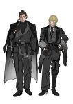  2boys alternate_costume badeni belt bespectacled black_belt black_coat black_gloves black_hair black_necktie black_pants black_shoes blonde_hair blue_eyes brown_eyes chi.:_chikyuu_no_undou_ni_tsuite closed_mouth clothing_cutout coat coat_on_shoulders collared_shirt commentary_request contemporary ear_chain glasses glove_cutout gloves grey_jacket highres holster jacket lapels linked_piercing long_hair long_sleeves looking_to_the_side male_focus multiple_boys necktie nomunomuwotaku notched_lapels oczy pants piercing ponytail scar scar_on_face scar_on_mouth shirt shoes side-by-side sideways_glance simple_background standing sword weapon white_background white_shirt wing_collar 
