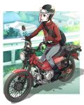  1girl black_bag black_boots black_gloves black_helmet boots border commentary_request full_body gloves goggles goggles_on_headwear grey_hair grey_pants helmet highres honda jacket kanduki_kamibukuro link!_like!_love_live! long_sleeves love_live! motor_vehicle motorcycle motorcycle_helmet multicolored_hair on_motorcycle open_mouth outdoors outside_border pants profile railing red_eyes red_jacket red_streaks smile solo streaked_hair virtual_youtuber white_border yugiri_tsuzuri 