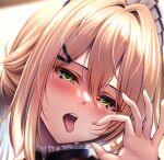  1girl :o blonde_hair blush commentary_request girls'_frontline girls'_frontline_2:_exilium green_eyes hair_between_eyes hair_ornament hairclip half-closed_eyes hand_up head_tilt indoors looking_at_viewer maid_headdress medium_hair ponytail sextans_(girls'_frontline_2) solo tongue tongue_out xlscaler 