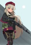  ak-74m ak74m_(girls'_frontline) assault_rifle black_eyes black_pantyhose brown_hair girls'_frontline gun hat headset holding holding_gun holding_weapon kalashnikov_rifle knee_pads long_hair looking_at_viewer pantyhose red_hat red_skirt rifle single_knee_pad skirt thighs tschako weapon 
