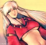  animal_ears breasts breasts_apart dog_ears fumio_(rsqkr) genderswap genderswap_(mtf) glaring inuyasha inuyasha_(character) large_breasts long_hair looking_at_viewer navel no_bra open_mouth silver_hair solo underboob yellow_background yellow_eyes 