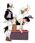  2boys anal ass black_hair blush carrot crossdressing crossdressing_(mtf) diamond_wa_kudakenai girly_boy hat higashikata_josuke highres incest jojo_no_kimyou_na_bouken kujo_jotaro male_focus male_playboy_bunny multiple_boys pants rimmybone sex sweat thighhighs uncle_and_nephew yaoi 