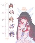  1girl arlecchino_(genshin_impact) black_hair bow closed_eyes closed_mouth columbina_(genshin_impact) commentary dress english_commentary finger_to_mouth furina_(genshin_impact) genshin_impact gradient_hair hair_ribbon hand_up head_wings highres kiss_meter_(meme) lauma_(genshin_impact) long_hair mask meme multicolored_hair multiple_girls pink_hair ribbon sandrone_(genshin_impact) shrimperer two-tone_hair very_long_hair white_background white_bow white_dress white_wings wings wrist_bow 
