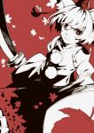  1girl animal_ear_fluff animal_ears closed_mouth commentary detached_sleeves falling_leaves hat highres holding holding_shield holding_sword holding_weapon inubashiri_momiji kamabokopic leaf leaf_print looking_at_viewer maple_leaf maple_leaf_print pom_pom_(clothes) print_skirt red_background red_eyes red_hat shield short_hair skirt smile solo sword tail tokin_hat touhou untranslatable_commentary weapon wolf_ears wolf_girl 