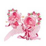  2boys androgynous angel_wings bare_arms bare_shoulders bow bow_(weapon) bug butterfly closed_mouth commentary cookie_run cookie_run:_kingdom cowlick cupid dot_mouth dress dual_persona expressionless feathered_wings floating food food_halo frilled_sleeves frills fruit full_body hand_on_own_hip heart highres holding holding_bow_(weapon) holding_weapon inverted_eyelashes leaf looking_at_viewer male_focus medium_dress multicolored_hair multiple_boys no_nose no_pupils open-toe_shoes pavlova_cookie pink_hair raspberry red_bow red_eyes red_hair red_shoes reed_(makuri_reed) shoes short_hair short_sleeves simple_background sleeveless sleeveless_dress smile standing strawberry strawberry_slice streaked_hair untranslatable_commentary weapon white_background white_dress white_eyeshadow white_hair wings yellow_butterfly 