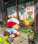  1boy aqua_shirt baseball_cap chibi christ_signboard commentary_request dog flower gander_(pawapro) hat jikkyou_powerful_pro_yakyuu jikkyou_powerful_pro_yakyuu_(style) multicolored_hat multicolored_shoes no_mouth poster_(object) power_pro-kun profile purple_eyes rayman_limbs red_hat red_shoes rural shirt shoes sparkle two-tone_shoes weeds white_flower white_hat white_shoes zyuma 