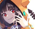  1girl :d asakura_karen_(heaven_burns_red) black_hair blunt_bangs bright_pupils collared_shirt commentary_request evil_grin evil_smile eyelashes fingernails grin hand_up happy_birthday heaven_burns_red highres hood hood_up hoodie long_hair long_sleeves looking_at_viewer low_twintails negino_yurine orange_hoodie portrait red_eyes shirt simple_background smile solo twintails white_background white_pupils white_shirt wide-eyed 