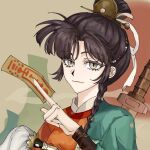  1girl an-an_lee an-an_lee_(between_clouds_and_pine_trees) between_fingers black_hair braid brown_background chinese_commentary commentary_request fuzi green_robe hair_bun hand_up holding holding_ofuda jian_(weapon) long_hair looking_at_viewer official_alternate_costume ofuda ofuda_between_fingers orange_shirt portrait qingniao-baige reverse:1999 robe shirt single_braid smile solo sword weapon weapon_on_back wooden_sword xiao_guan_(headdress) yellow_eyes 