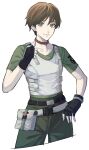  1girl absurdres black_gloves breasts brown_hair choker closed_mouth cowboy_shot cropped_legs earrings fingerless_gloves first_aid_kit gloves green_eyes green_pants green_shirt hashtag-only_commentary highres jewelry medium_breasts ninyunyan pants rebecca_chambers red_choker resident_evil resident_evil_1 shirt short_hair smile solo thumbs_up vest watch white_background white_vest wristwatch 