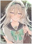  1girl aerial_fireworks aqua_bow aqua_bowtie aqua_hair black_hairband blue_pupils bow bowtie brown_bag buttons commentary_request double-breasted firefly_(honkai:_star_rail) firefly_(spring_missive)_(honkai:_star_rail) fireworks gradient_hair grey_hair grey_sailor_collar hair_between_eyes hair_intakes hair_ornament hairband haru_(eharuru_32) highres holding_strap honkai:_star_rail honkai_(series) long_hair long_sleeves multicolored_hair night offering_hand official_alternate_costume outdoors partial_commentary purple_eyes sailor_collar shirt smile solo upper_body white_shirt 