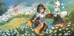  3girls animal_ears bag bird_wings black_bow black_bowtie black_skirt bow bowtie brown_bag brown_hair brown_wings camera checkered_clothes checkered_skirt closed_mouth collared_shirt commentary detached_sleeves field flower flower_field frilled_sleeves frills grey_hair hat hauchiwa highres himekaidou_hatate holding inubashiri_momiji leaf_print long_hair looking_at_viewer maple_leaf_print multicolored_shirt multicolored_skirt multiple_girls outdoors pointy_ears pom_pom_(clothes) print_shirt print_skirt puffy_short_sleeves puffy_sleeves purple_hat qianeyejiaorouji red_eyes red_hat revision ribbon-trimmed_sleeves ribbon_trim shameimaru_aya shirt short_hair short_sleeves shoulder_bag skirt smile tengu_family_of_gensokyo_(touhou) thighhighs tokin_hat touhou twintails white_flower white_shirt wings wolf_ears wolf_girl 