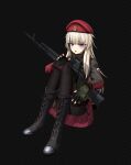  1girl 3d absurdres ak-74m ak74m_(girls'_frontline) assault_rifle black_background black_boots black_gloves black_pantyhose boots brown_hair commentary_request fingerless_gloves girls'_frontline gloves gun hat highres kalashnikov_rifle knee_boots long_hair mrht233 pantyhose purple_eyes red_hat rifle russian_flag simple_background solo thighs weapon 