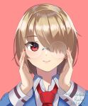  1girl adjusting_eyewear bespectacled blonde_hair blue_jacket character_name closed_mouth collared_shirt commentary_request dated eyelashes fingernails glasses hair_over_one_eye hands_up happy_birthday heaven_burns_red highres jacket kayamori_ruka lips long_bangs long_sleeves looking_at_viewer necktie negino_yurine one_eye_covered pink_background red_eyes red_necktie round_eyewear shirt short_hair simple_background smile solo upper_body white_shirt 