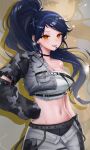  1girl asymmetrical_clothes belt black_belt black_choker black_hair blue_hair breasts camouflage chest_belt chest_strap choker cleavage cliil_(artist) collarbone commentary crop_top cropped_jacket detached_sleeves earrings fang grey_belt grey_jacket grey_pants hair_ornament hand_on_own_hip headset high_ponytail highres jacket jewelry korean_commentary large_breasts lilpa long_hair looking_at_viewer midriff multicolored_hair navel official_alternate_costume open_clothes open_jacket open_mouth orange_eyes pants ponytail shirt shorts single_bare_shoulder single_detached_sleeve single_sleeve smile solo stomach strapless streaked_hair virtual_youtuber waktaverse white_shirt x_hair_ornament zoom_layer 