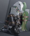  1girl absurdres arknights arknights:_endfield arms_behind_back ass bdsm black_bodysuit bodysuit bondage bound bound_ankles bound_arms bound_legs bound_thighs bound_torso bound_wrists breasts bt_(3212637) fingerless_gloves fluorite_(arknights) gag gagged gloves green_eyes green_hair green_tail hair_through_hood highres hood hood_up improvised_gag large_breasts lizard_tail looking_at_viewer paid_reward_available reptile_girl restrained rope shibari shibari_over_clothes snake_girl snake_tail solo tail tape tape_gag 