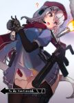  2girls 9a-91 9a-91_(girls'_frontline) ak-74m ak74m_(girls'_frontline) assault_rifle black_thighhighs blue_eyes blue_shirt brown_gloves brown_hair commentary_request giant girls'_frontline gloves grey_hair gun hat headset highres kalashnikov_rifle long_hair missile multiple_girls pez_(pezqaq1) purple_eyes red_hat red_scarf rifle scarf shirt thigh_gap thighhighs thighs weapon 
