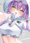  1girl :d bad_id bad_twitter_id bibi_(tokoyami_towa) black_ribbon blush braid breasts character_name character_pin chest_belt collared_shrug drawn_tail earrings goggles goggles_on_head green_eyes grey_background hair_ornament hair_ribbon hairclip hands_up high_collar highres hololive hood hood_up hooded_shrug jewelry looking_at_viewer medium_breasts midriff ribbon riza_(tomoriza_25252) shrug_(clothing) sidelocks simple_background smile solo strapless teeth tokoyami_towa tokoyami_towa_(cyberpunk) tongue tube_top upper_body upper_teeth_only virtual_youtuber white_shrug white_tube_top 
